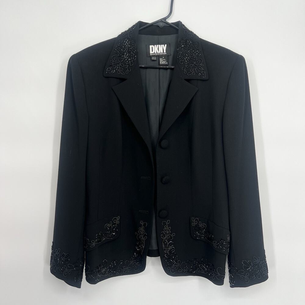 Vintage 90s 100% Wool DKNY Women Blazer Hand Beaded